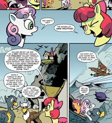 Size: 836x911 | Tagged: safe, artist:andypriceart, idw, official comic, character:apple bloom, character:scootaloo, character:sweetie belle, character:zecora, species:earth pony, species:griffon, species:pegasus, species:pony, species:unicorn, airship, comic, cutie mark crusaders, dialogue, female, filly, flying, foal, griffonstone, ponies riding griffons, riding, speech bubble