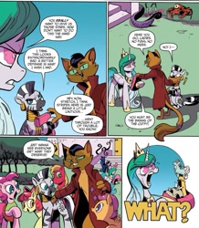 Size: 849x973 | Tagged: safe, artist:andypriceart, idw, official comic, character:apple bloom, character:big mcintosh, character:capper dapperpaws, character:cosmos, character:princess celestia, character:scootaloo, character:sweetie belle, character:zecora, species:abyssinian, species:anthro, species:digitigrade anthro, species:earth pony, species:pegasus, species:pony, species:zebra, my little pony: the movie (2017), anthro with ponies, clothing, coat, comic, cutie mark crusaders, dialogue, female, filly, foal, male, mare, possessed, possesstia, sleight of hand, speech bubble, thimble