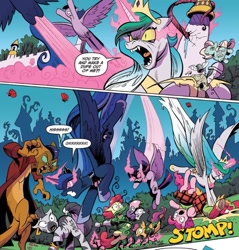 Size: 848x886 | Tagged: safe, artist:andypriceart, idw, official comic, character:apple bloom, character:big mcintosh, character:capper dapperpaws, character:cosmos, character:pinkie pie, character:princess celestia, character:princess luna, character:scootaloo, character:sweetie belle, character:twilight sparkle, character:twilight sparkle (alicorn), character:zecora, species:abyssinian, species:alicorn, species:digitigrade anthro, species:earth pony, species:pegasus, species:pony, species:unicorn, species:zebra, my little pony: the movie (2017), abyssinians doing cat things, angry, comic, cutie mark crusaders, dialogue, fangs, female, fight, filly, foal, hissing, mare, nightmare face, possessed, possesstia, sombra eyes, sound effects, speech bubble, the nightmare before christmas