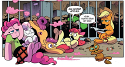 Size: 800x428 | Tagged: safe, artist:andypriceart, idw, official comic, character:apple bloom, character:applejack, character:capper dapperpaws, character:pinkie pie, character:scootaloo, character:sweetie belle, species:earth pony, species:pegasus, species:pony, species:unicorn, my little pony: the movie (2017), apple, apple core, ass up, cat, clothing, cutie mark crusaders, dialogue, female, filly, foal, food, hoof on head, i've seen some shit, jail, kilt, legs in air, male, mare, mismatched eyes, shrunken pupils, sitting, speech bubble, underhoof, younger