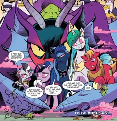 Size: 843x875 | Tagged: safe, artist:andypriceart, idw, official comic, character:big mcintosh, character:cosmos, character:princess celestia, character:princess luna, character:twilight sparkle, character:twilight sparkle (alicorn), character:zecora, species:alicorn, species:earth pony, species:pony, species:zebra, dialogue, female, hive mind, male, mare, possessed, possesstia, speech bubble, stallion, to be continued, we're all doomed