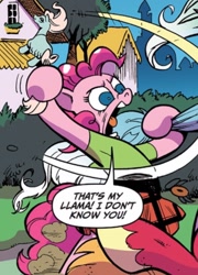 Size: 864x1200 | Tagged: safe, artist:andypriceart, idw, official comic, character:big mcintosh, character:pinkie pie, character:princess celestia, species:pony, cropped, dialogue, female, king of the hill, llama, mare, reference, speech bubble, that's my purse i don't know you