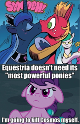 Size: 616x950 | Tagged: safe, artist:andypriceart, edit, edited screencap, idw, official comic, screencap, character:big mcintosh, character:cosmos, character:pinkie pie, character:princess celestia, character:princess luna, character:sugar belle, species:alicorn, species:earth pony, species:pony, species:unicorn, ship:lunamac, ship:sugarmac, episode:hard to say anything, g4, my little pony: friendship is magic, angry, caption, comic, cosmomac, female, fight, floppy ears, hoof shoes, image macro, jealous, kissing, male, mare, out of context, overprotective, possessed, possesstia, punch, shipping, stallion, straight, text, this will end in death, this will end in tears, this will end in tears and/or death