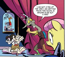 Size: 600x522 | Tagged: safe, artist:andypriceart, idw, character:discord, character:fluttershy, character:kibitz, character:philomena, character:princess luna, character:raven inkwell, character:tiberius, canterlot castle, curtains, out of context, tied up