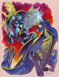 Size: 1813x2352 | Tagged: safe, artist:andypriceart, character:princess luna, character:queen chrysalis, species:alicorn, species:changeling, species:pony, andy you magnificent bastard, angry, colored pencil drawing, duo, epic, fangs, female, fight, glowing horn, magic, mare, metal, traditional art