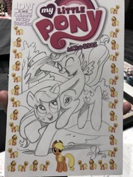 Size: 1536x2048 | Tagged: safe, artist:andypriceart, idw, character:applejack, character:scootaloo, species:earth pony, species:pegasus, species:pony, bucking, clothing, cowboy hat, cute, cutealoo, duo, female, filly, hat, jackabetes, mare, pencil drawing, ponies riding ponies, traditional art