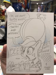 Size: 1536x2048 | Tagged: safe, artist:andypriceart, character:applejack, species:earth pony, species:pony, alcohol, alternate hairstyle, beehive hairdo, beer, big hair, blues brothers, bubblegum, chewing gum, chicken wire, country music, female, food, gum, mare, pencil drawing, photo, traditional art