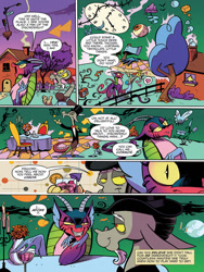 Size: 768x1024 | Tagged: safe, artist:andypriceart, idw, official comic, character:cosmos, character:discord, species:draconequus, ship:coscord, clothing, comic, dialogue, discord's house, duo, evil grin, female, flirting, floating island, glass, grin, hat, male, narrowed eyes, parasprite, preview, shipping, smiling, speech bubble, the discord zone, top hat, tuxedo, wine glass
