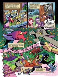 Size: 1200x1600 | Tagged: safe, artist:andypriceart, idw, official comic, character:cosmos, character:discord, species:draconequus, species:earth pony, species:pegasus, species:pony, species:unicorn, ship:coscord, aladdin, alice in wonderland, chaos, comic, dc comics, dialogue, discord's house, duo, e=mc^2, earth 616, easy rider, female, flying carpet, male, mare, marvel comics, microphone, motorcycle, observer (character), preview, shipping, singing, speech bubble, the twilight zone, wonderland