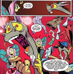 Size: 820x830 | Tagged: safe, artist:andypriceart, idw, official comic, character:discord, character:fluttershy, species:draconequus, species:pony, antennae, butterfly pony, butterfly wings, comic, dialogue, female, magnum p.i., male, mare, panic attack, panicking, red background, simple background, species swap, speech bubble, sunglasses