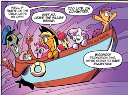 Size: 589x437 | Tagged: safe, artist:andypriceart, idw, official comic, character:apple bloom, character:applejack, character:discord, character:fluttershy, character:pinkie pie, character:scootaloo, character:sweetie belle, species:draconequus, species:earth pony, species:pegasus, species:pony, species:unicorn, boat, cutie mark crusaders, dialogue, eyepatch, female, filly, finger snap, foal, male, mare, purple background, simple background, speech bubble, this will end in tears and/or death and/or covered in tree sap, titanic