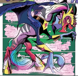 Size: 838x819 | Tagged: safe, artist:andypriceart, idw, official comic, character:big mcintosh, character:cosmos, character:princess cadance, character:princess celestia, character:princess luna, character:twilight sparkle, character:twilight sparkle (alicorn), character:zecora, species:alicorn, species:draconequus, species:pony, abomination, antagonist, bracer, cosmageddon, ear piercing, earring, female, fusion, green background, helmet, hoof shoes, hybrid wings, jewelry, monster, nightmare fuel, peytral, piercing, simple background, solo, spread wings, stinger, transformation, what has magic done, wing claws, wings