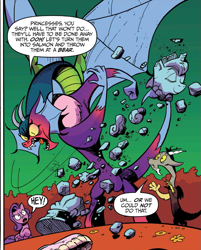 Size: 1301x1618 | Tagged: safe, artist:andypriceart, idw, official comic, character:cosmos, character:discord, character:princess celestia, species:draconequus, species:pegasus, species:pony, dialogue, female, green sky, male, mare, rubble, speech bubble, spread wings, statue, trio, wings