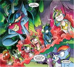 Size: 2104x1900 | Tagged: safe, artist:andypriceart, idw, official comic, character:big mcintosh, character:cosmos, character:princess cadance, character:princess celestia, character:princess luna, character:rainbow dash, character:rarity, character:spike, character:twilight sparkle, character:twilight sparkle (alicorn), character:zecora, species:alicorn, species:draconequus, species:dragon, species:earth pony, species:pegasus, species:pony, species:unicorn, species:zebra, blep, dialogue, ear piercing, earring, female, glowing eyes, head tilt, hive mind, idw publishing, jewelry, male, mare, neck rings, piercing, possessed, speech bubble, stallion, stinger, tongue out, winged spike