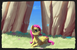 Size: 1518x986 | Tagged: safe, artist:eqlipse, character:fluttershy, species:pegasus, species:pony, butterfly, detailed background, female, mare, painterly, peaceful, solo