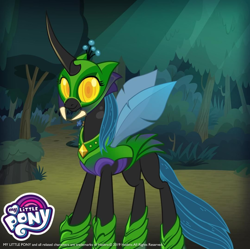 Size: 1440x1435 | Tagged: safe, artist:andypriceart, gameloft, idw, official, character:queen chrysalis, species:changeling, armor, changeling armor, changeling queen, comic, female, fiendship is magic, idw showified, looking at you, my little pony game, my little pony logo, solo, troy