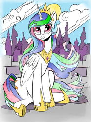 Size: 744x1000 | Tagged: safe, artist:andypriceart, artist:ryuredwings, edit, character:princess celestia, species:alicorn, species:pony, canterlot, cloud, color edit, colored, crown, cute, cutelestia, female, hoof shoes, i can't believe it's not idw, jewelry, looking at you, mare, regalia, sitting, solo, sun