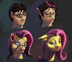 Size: 1458x1260 | Tagged: safe, artist:eqlipse, character:fluttershy, species:human, species:pony, bust, female, glasses, human to pony, male, male to female, mare, rule 63, three quarter view, transformation, transformation sequence, transgender transformation