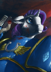 Size: 1000x1400 | Tagged: safe, artist:eqlipse, character:rarity, species:anthro, species:pony, species:unicorn, armor, blood, crossover, female, heresy, painterly, power armor, ultramarine, warhammer (game), warhammer 40k