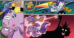 Size: 859x441 | Tagged: safe, artist:andypriceart, idw, official comic, character:cosmos, character:rainbow dash, character:rarity, character:spike, species:draconequus, species:dragon, species:pegasus, species:pony, comic, dialogue, female, fish, fishified, male, rainbow trout, rarifish, species swap, speech bubble, transformation, winged spike