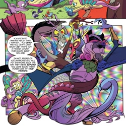 Size: 858x858 | Tagged: safe, artist:andypriceart, idw, official comic, character:cosmos, character:discord, character:fluttershy, character:rainbow dash, character:rarity, character:spike, species:draconequus, species:dragon, species:pony, armpits, butterfly pony, chocolate, chocolate milk, cosmageddon, dialogue, female, fight, fish, fishified, inside out umbrella, male, mare, milk, rainbow trout, rarifish, species swap, speech bubble, umbrella, winged spike
