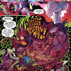Size: 853x856 | Tagged: safe, artist:andypriceart, idw, official comic, character:ahuizotl, character:cosmos, character:discord, character:fluttershy, character:lord tirek, character:nightmare moon, character:nightmare rarity, character:pony of shadows, character:princess luna, character:queen chrysalis, character:rainbow dash, character:rarity, character:spike, character:storm king, species:changeling, species:draconequus, my little pony: the movie (2017), antagonist, body horror, changeling queen, comic, cosmageddon, dialogue, eldritch abomination, female, fish, fishified, inanimate tf, male, nightmare fuel, petrification, rainbow trout, rarifish, species swap, speech bubble, star trek (tos), statue, transformation