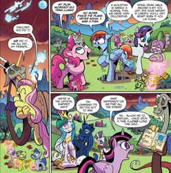 Size: 856x863 | Tagged: safe, artist:andypriceart, idw, character:bittersweet, character:derpy hooves, character:discord, character:fluttershy, character:leadwing, character:pinkie pie, character:princess celestia, character:princess luna, character:rainbow dash, character:rarity, character:spike, character:twilight sparkle, character:twilight sparkle (alicorn), character:zecora, species:alicorn, species:dragon, species:pony, background pony, crystal empire, cute, dawwww, dialogue, discute, female, fish tank, hug, male, moon, observer (character), paws, tail, tiny, tiny ponies, transformation, wet mane, winged spike