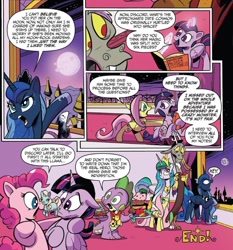 Size: 838x898 | Tagged: safe, artist:andypriceart, idw, character:discord, character:fluttershy, character:pinkie pie, character:princess celestia, character:princess luna, character:spike, character:twilight sparkle, character:twilight sparkle (alicorn), species:alicorn, species:dragon, species:pony, boop, cake, cupcake, dork, female, food, male, the end, winged spike