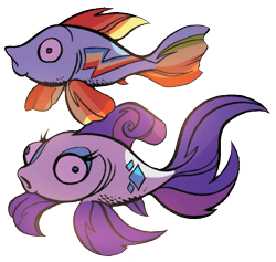Size: 669x633 | Tagged: safe, artist:andypriceart, idw, character:rainbow dash, character:rarity, cropped, cute, female, fish, fishified, goldfish, majestic, maybe salmon, rainbow trout, rarifish, simple background, species swap, transparent background, wat