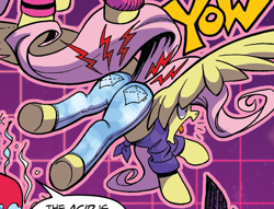 Size: 800x610 | Tagged: safe, artist:andypriceart, idw, character:fluttershy, species:pegasus, species:pony, comic:everything old, acid, burned, butt, canonical great butt, clothing, comic, context is for the weak, cropped, fashion, female, flutterbutt, front knot midriff, hot pants, jeans, knot shirt, literal butthurt, mare, midriff, ouch, out of context, pain, pants, plot, skinny jeans, solo, spread wings, tight clothing, wings