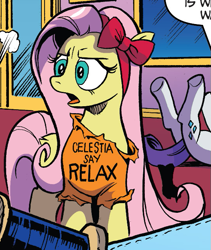 Size: 545x645 | Tagged: safe, artist:andypriceart, idw, character:fluttershy, character:rarity, species:pegasus, species:pony, species:unicorn, bow, cropped, dialogue, door, hair bow, legs in air, tail, text