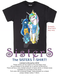 Size: 800x1035 | Tagged: safe, artist:andypriceart, idw, character:princess celestia, character:princess luna, species:alicorn, species:pony, advertisement, blame my sister, bronycon, bronycon 2019, clothing, duo, female, i'm with stupid, jewelry, mare, regalia, shirt, t-shirt