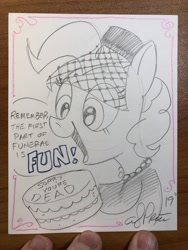 Size: 1536x2048 | Tagged: safe, artist:andypriceart, idw, character:pinkie pie, andy you magnificent bastard, cake, clothing, dark comedy, food, funeral, monochrome, smiling, traditional art