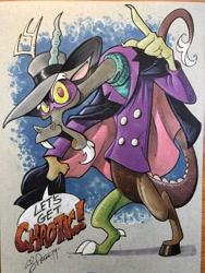 Size: 1536x2048 | Tagged: safe, artist:andypriceart, character:discord, species:draconequus, cape, clothing, coat, darkwing duck, dialogue, domino mask, hat, male, solo, speech bubble