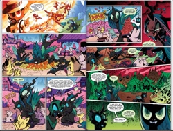 Size: 1241x941 | Tagged: safe, artist:andypriceart, idw, official comic, character:queen chrysalis, species:changeling, angry, changeling feeding, changeling officer, changeling queen, changeling slime, comic, cute citizens of wuvy-dovey land, fangs, hissing, innocent kitten, licking, licking lips, mommy chrissy, scared, shocked, the return of queen chrysalis, tongue out, wovey dovey land, you know for kids
