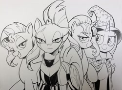Size: 2048x1520 | Tagged: safe, artist:andypriceart, character:starlight glimmer, character:sunset shimmer, character:tempest shadow, character:trixie, species:pony, species:unicorn, black and white, broken horn, eye scar, female, grayscale, horn, looking at you, mare, monochrome, quartet, scar, sketch, unicorn master race