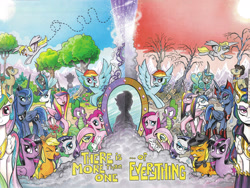 Size: 1976x1484 | Tagged: safe, artist:andypriceart, edit, idw, character:angel bunny, character:applejack, character:derpy hooves, character:doctor whooves, character:fluttershy, character:good king sombra, character:king sombra, character:pinkamena diane pie, character:pinkie pie, character:princess cadance, character:princess celestia, character:princess luna, character:queen chrysalis, character:rainbow dash, character:rarity, character:shining armor, character:spike, character:time turner, character:twilight sparkle, character:twilight sparkle (alicorn), species:alicorn, species:changeling, species:flutter pony, species:pony, alternate universe, andy you magnificent bastard, bright eyes (mirror universe), changeling queen, collage, comic, cover, dark mirror universe, duality, english, equestria-3, evil applejack, evil cadance, evil celestia, evil counterpart, evil fluttershy, evil luna, evil rainbow dash, evil rarity, evil sisters, evil spike, evil twilight, female, fourth doctor, glasses, looking at you, mane seven, mane six, mare, mirror universe, multiverse, my little pony logo, observer (character), one eye closed, reversalis, text edit, textless version, there is more than one of everything, wall of tags, wink