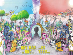 Size: 1976x1484 | Tagged: safe, artist:andypriceart, edit, idw, character:angel bunny, character:applejack, character:derpy hooves, character:doctor whooves, character:fluttershy, character:good king sombra, character:king sombra, character:pinkamena diane pie, character:pinkie pie, character:princess cadance, character:princess celestia, character:princess luna, character:queen chrysalis, character:rainbow dash, character:rarity, character:shining armor, character:spike, character:time turner, character:twilight sparkle, character:twilight sparkle (alicorn), species:alicorn, species:changeling, species:flutter pony, species:pony, alternate universe, andy you magnificent bastard, bright eyes (mirror universe), changeling queen, collage, comic, cover, dark mirror universe, duality, english, equestria-3, evil applejack, evil cadance, evil celestia, evil counterpart, evil fluttershy, evil luna, evil rainbow dash, evil rarity, evil sisters, evil spike, evil twilight, female, fourth doctor, glasses, looking at you, mane seven, mane six, mare, mirror universe, multiverse, my little pony logo, observer (character), one eye closed, reversalis, spanish, text edit, textless version, there is more than one of everything, wall of tags, wink
