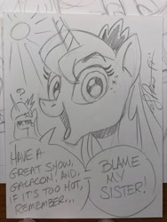 Size: 1536x2048 | Tagged: safe, artist:andypriceart, character:princess celestia, character:princess luna, species:alicorn, species:pony, blame my sister, duo, female, mare, monochrome, pencil drawing, traditional art