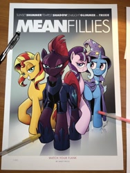 Size: 1536x2048 | Tagged: safe, artist:andypriceart, character:starlight glimmer, character:sunset shimmer, character:tempest shadow, character:trixie, species:pony, species:unicorn, armor, broken horn, eye scar, female, horn, looking at you, mare, mean girls, movie poster, parody, photo, poster, quartet, s5 starlight, scar, sketch, smiling, smirk, unicorn master race