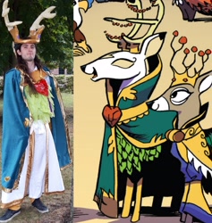 Size: 3648x3856 | Tagged: safe, artist:andypriceart, artist:crainn, idw, character:king aspen, species:deer, species:human, antlers, clothing, comic, comparison, cosplay, costume, cropped, dress, galacon, galacon 2019, humanized, irl, irl human, photo, solo