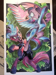 Size: 1536x2048 | Tagged: safe, artist:andypriceart, character:tempest shadow, character:twilight sparkle, character:twilight sparkle (alicorn), species:alicorn, species:pony, species:unicorn, armor, bite mark, blood, broken horn, commission, duo, eye scar, female, fight, flying, glowing horn, hoof shoes, horn, injured, mare, rearing, scar, sparking horn, traditional art