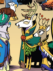 Size: 664x890 | Tagged: safe, artist:andypriceart, idw, official comic, screencap, character:king aspen, character:princess celestia, species:alicorn, species:deer, species:griffon, species:pony, clothing, cropped, dress, female, male, mare, stag