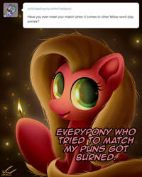 Size: 772x966 | Tagged: safe, artist:symbianl, oc, oc:pun, species:earth pony, species:pony, ask pun, license:cc-by-nc-nd, ask, female, fire, mare, match, pun, solo