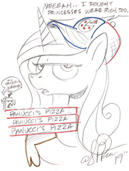 Size: 1256x1657 | Tagged: safe, artist:andypriceart, edit, editor:dsp2003, character:princess cadance, character:queen chrysalis, species:alicorn, species:changeling, species:pony, annoyed, cadance's pizza delivery, changeling queen, clothing, comic, commission, dialogue, female, food, futurama, hat, hoof hold, mare, open mouth, pizza, simple background, single panel, speech bubble, traditional art, white background