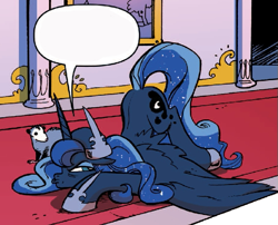Size: 639x516 | Tagged: safe, artist:andypriceart, edit, idw, character:princess luna, character:tiberius, species:alicorn, species:pony, butt, canterlot castle, carpet, column, comic, dialogue, face down ass up, female, floppy ears, grumpy, hallway, looking back, mare, opossum, picture, picture frame, plot, speech bubble, spread wings, wings