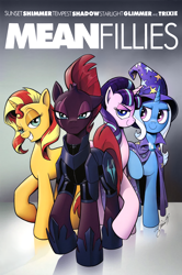 Size: 1737x2618 | Tagged: safe, artist:andypriceart, edit, editor:dsp2003, character:starlight glimmer, character:sunset shimmer, character:tempest shadow, character:trixie, species:pony, species:unicorn, armor, broken horn, eye scar, female, hoof shoes, horn, looking at you, mare, mean girls, movie poster, parody, poster, quartet, s5 starlight, scar, signature, smiling, smirk, unicorn master race, zipper
