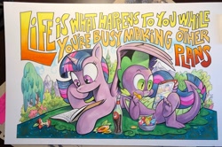 Size: 2048x1361 | Tagged: safe, artist:andypriceart, idw, character:spike, character:twilight sparkle, character:twilight sparkle (alicorn), species:alicorn, species:dragon, species:pony, apple, batman, book, claws, comic, cute, female, food, gem, john lennon, male, mare, reading, relaxing, soda, spikabetes, spikelove, superman, toes, traditional art, twiabetes, winged spike, wonder woman