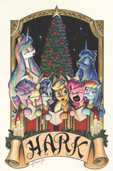 Size: 1186x1800 | Tagged: safe, artist:andypriceart, idw, character:applejack, character:fluttershy, character:pinkie pie, character:princess celestia, character:princess luna, character:rainbow dash, character:rarity, character:twilight sparkle, character:twilight sparkle (alicorn), species:alicorn, species:earth pony, species:pegasus, species:pony, species:unicorn, candle, christmas, christmas tree, cover, eyeroll, eyes closed, eyeshadow, hark, holiday, hoof hold, makeup, mane six, open mouth, ornament, scroll, tree