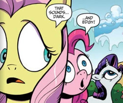 Size: 290x243 | Tagged: safe, artist:andypriceart, idw, official comic, character:fluttershy, character:pinkie pie, character:rarity, species:earth pony, species:pegasus, species:pony, species:unicorn, :o, bust, dialogue, edgy, female, frown, looking back, looking up, mare, open mouth, portrait, speech bubble, the return of queen chrysalis, wide eyes